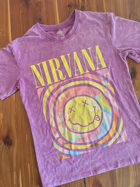 NIRVANA Purple Tie-Dye Smiley Graphic Tee, Lightly Distressed